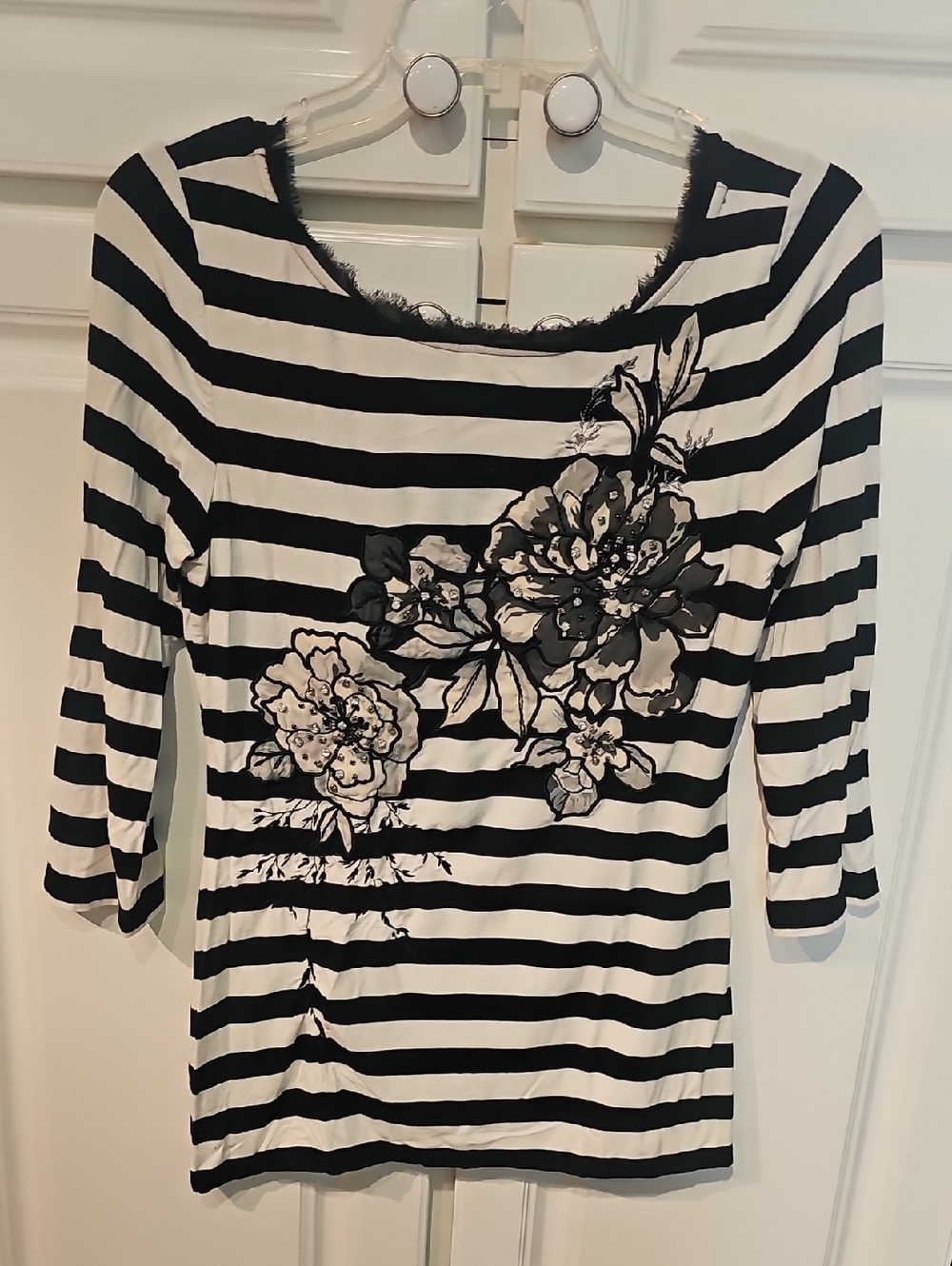 White House Black Market Black and White Striped Top with Floral Accents